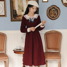 Load image into Gallery viewer, Ladies Bowknot Navy Neck Retro Dress Women College Style Long Sleeve Dresses Red French Elegant Vestido Midi Female Autumn