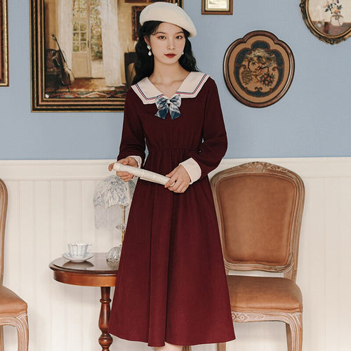 Ladies Bowknot Navy Neck Retro Dress Women College Style Long Sleeve Dresses Red French Elegant Vestido Midi Female Autumn