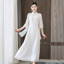 Load image into Gallery viewer, Ladies Elegant Chiffon Improved Cheongsam Women Stand Collar Irregular Sleeve Solid Slim Midi Dress Chinese Style Women Clothes