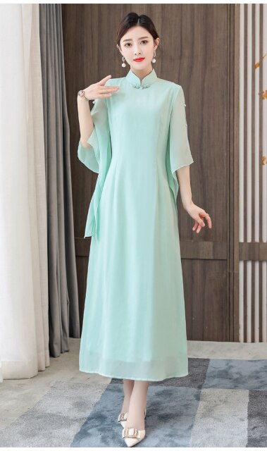 Ladies Elegant Chiffon Improved Cheongsam Women Stand Collar Irregular Sleeve Solid Slim Midi Dress Chinese Style Women Clothes