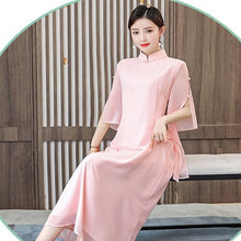 Load image into Gallery viewer, Ladies Elegant Chiffon Improved Cheongsam Women Stand Collar Irregular Sleeve Solid Slim Midi Dress Chinese Style Women Clothes