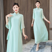 Load image into Gallery viewer, Ladies Elegant Chiffon Improved Cheongsam Women Stand Collar Irregular Sleeve Solid Slim Midi Dress Chinese Style Women Clothes