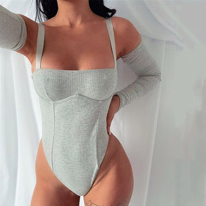 Ladies New Summer Bodysuit Spaghetti Strap Slim Long Sleeve Bodycon 2021 Sexy Women Fashion Solid Backless Knitted Rompers