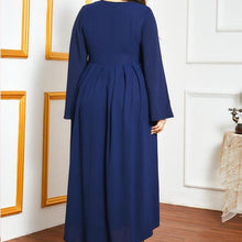Load image into Gallery viewer, Ladies Oversized Golden Embroidery V-neck Stitching Fashion And Elegant Muslim Dark Blue Long Skirt Ramadan Dress For Eid