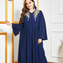 Load image into Gallery viewer, Ladies Oversized Golden Embroidery V-neck Stitching Fashion And Elegant Muslim Dark Blue Long Skirt Ramadan Dress For Eid