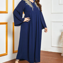 Load image into Gallery viewer, Ladies Oversized Golden Embroidery V-neck Stitching Fashion And Elegant Muslim Dark Blue Long Skirt Ramadan Dress For Eid