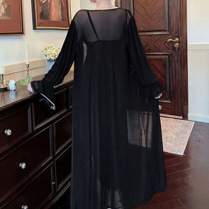 Ladies Pajamas Sexy Nightdress Long Sleeve Lace Edge Robe Sexy Women&#39;S Nightwear New Hollow Design Sling Sleepwear 2 Piece Set