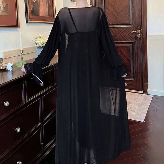Ladies Pajamas Sexy Nightdress Long Sleeve Lace Edge Robe Sexy Women'S Nightwear New Hollow Design Sling Sleepwear 2 Piece Set