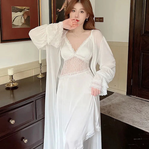 Ladies Pajamas Sexy Nightdress Long Sleeve Lace Edge Robe Sexy Women'S Nightwear New Hollow Design Sling Sleepwear 2 Piece Set