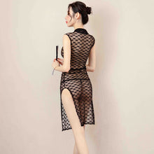 Load image into Gallery viewer, Ladies Sexy Cheongsam Chinese Low Collar  Sleeveless Night Dress Sex Lingerie See-through  Dress Black Lace Classical Cheongsam