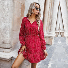 Load image into Gallery viewer, Ladies Spring Summer Polka Dot Print Dress Women 2021 New Casual Lace Up V Neck Full Sleeve Slim Short Dress