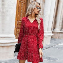 Load image into Gallery viewer, Ladies Spring Summer Polka Dot Print Dress Women 2021 New Casual Lace Up V Neck Full Sleeve Slim Short Dress