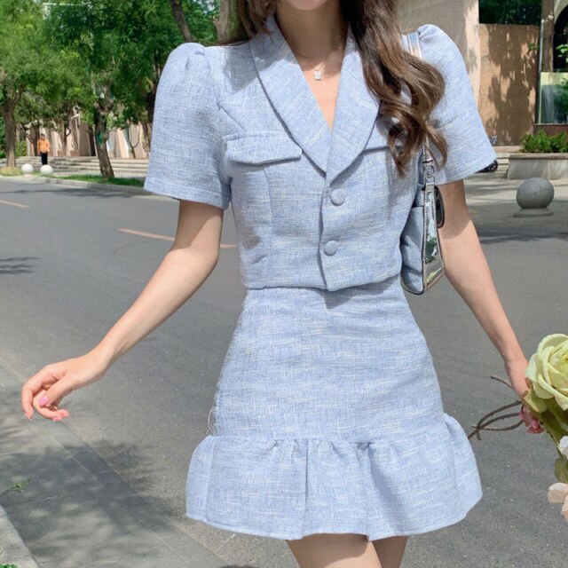 Ladies Suits Summer New Short Sleeve Shirt Female High Waist Skirt Blue Two-Piece Sets 4XL