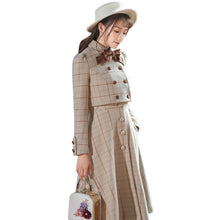 Load image into Gallery viewer, Ladies Winter Retro Suit Short Jacket Plaid Bowknot Double Breasted Top + Waist Strap Dress 2-piece Set