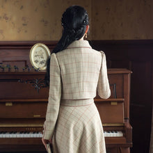 Load image into Gallery viewer, Ladies Winter Retro Suit Short Jacket Plaid Bowknot Double Breasted Top + Waist Strap Dress 2-piece Set