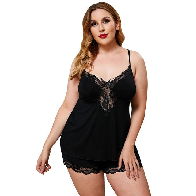 Ladies plus size sexy lingerie suit modal female lace stitching pajamas suit suspenders with shorts erotic women XL-5XL black