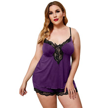 Load image into Gallery viewer, Ladies plus size sexy lingerie suit modal female lace stitching pajamas suit suspenders with shorts erotic women XL-5XL black