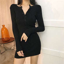 Load image into Gallery viewer, Lady Black Sexy V-neck Stretch Slim Knit Bag Hip Midi Dress For Women Elegant Bottoming Long-sleeved Bodycon Dress Autumn Winter