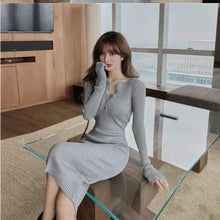 Load image into Gallery viewer, Lady Black Sexy V-neck Stretch Slim Knit Bag Hip Midi Dress For Women Elegant Bottoming Long-sleeved Bodycon Dress Autumn Winter