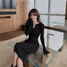 Load image into Gallery viewer, Lady Black Sexy V-neck Stretch Slim Knit Bag Hip Midi Dress For Women Elegant Bottoming Long-sleeved Bodycon Dress Autumn Winter
