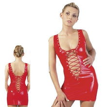 Load image into Gallery viewer, Lady Hot Red PVC Vinyl Shiny Wet Look Front and Back Lace Up Mini Dress Womens Mistress Fetish Clubwear Party Costume