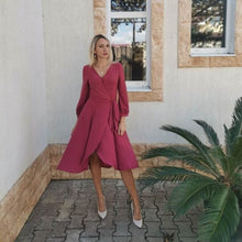 Load image into Gallery viewer, Lantern Sleeve Dress For Women Sexy V Neck A Line Party Dresses 2022 New Spring Fashion Elegant Solid Sashes Midi Length Dress