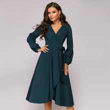 Load image into Gallery viewer, Lantern Sleeve Dress For Women Sexy V Neck A Line Party Dresses 2022 New Spring Fashion Elegant Solid Sashes Midi Length Dress
