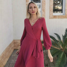 Load image into Gallery viewer, Lantern Sleeve Dress For Women Sexy V Neck A Line Party Dresses 2022 New Spring Fashion Elegant Solid Sashes Midi Length Dress