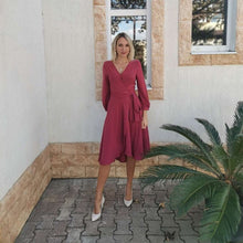 Load image into Gallery viewer, Lantern Sleeve Dress For Women Sexy V Neck A Line Party Dresses 2022 New Spring Fashion Elegant Solid Sashes Midi Length Dress