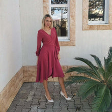 Load image into Gallery viewer, Lantern Sleeve Dress For Women Sexy V Neck A Line Party Dresses 2022 New Spring Fashion Elegant Solid Sashes Midi Length Dress