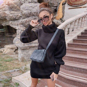 Lantern Sleeve Sweaters Dress Women Autumn Winter Solid Casual Long Pullovers Oversize Thick Knitted Sweater Dresses