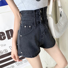 Load image into Gallery viewer, Large size double waist denim ultra short pants female fat mm summer Hong Kong flavor high waist slim long leg wide hot pants