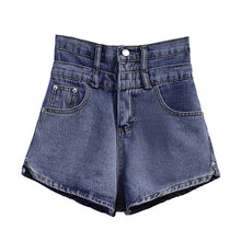Load image into Gallery viewer, Large size double waist denim ultra short pants female fat mm summer Hong Kong flavor high waist slim long leg wide hot pants