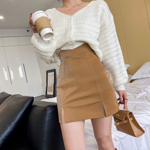 Leather Skirt Spring Autumn 2022 New A-line Korean Style High Waist All Match Casual Femme Faldas Elegant Vintage Bodycon Jupe
