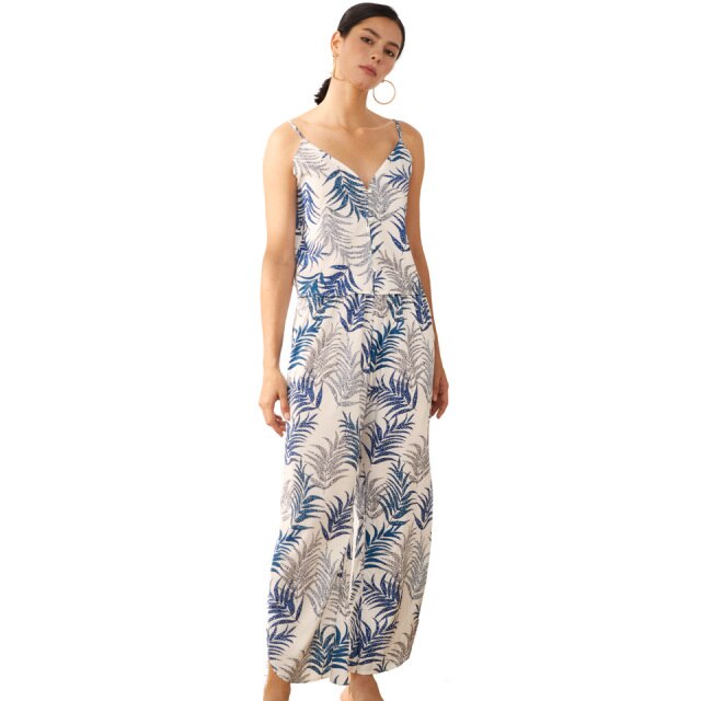Leaves Printed Pajamas Set Buttons Sexy Sleepwear Suit  Top with Pant Comfortable Leisure Wear Summer Holiday Homedress