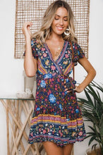 Load image into Gallery viewer, Leisure Chiffon summer women&#39;s new short sleeve sexy Bohemian print dress leisure vacation show collarbone Ruffle lace up skirt