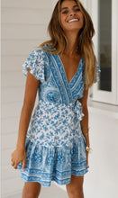 Load image into Gallery viewer, Leisure Chiffon summer women&#39;s new short sleeve sexy Bohemian print dress leisure vacation show collarbone Ruffle lace up skirt