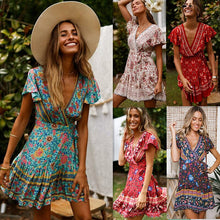 Load image into Gallery viewer, Leisure Chiffon summer women&#39;s new short sleeve sexy Bohemian print dress leisure vacation show collarbone Ruffle lace up skirt