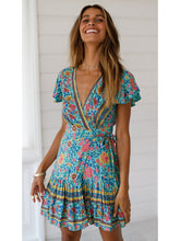 Load image into Gallery viewer, Leisure Chiffon summer women&#39;s new short sleeve sexy Bohemian print dress leisure vacation show collarbone Ruffle lace up skirt