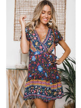 Load image into Gallery viewer, Leisure Chiffon summer women&#39;s new short sleeve sexy Bohemian print dress leisure vacation show collarbone Ruffle lace up skirt