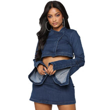 Load image into Gallery viewer, Leisure Two-piece Outdoor Suit Sexy Button Trumpet Sleeves Women&#39;s Sets Zipper Denim Skirt Fashion Women Party Office Dress