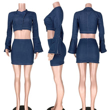 Load image into Gallery viewer, Leisure Two-piece Outdoor Suit Sexy Button Trumpet Sleeves Women&#39;s Sets Zipper Denim Skirt Fashion Women Party Office Dress