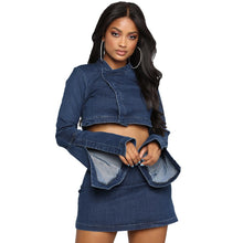 Load image into Gallery viewer, Leisure Two-piece Outdoor Suit Sexy Button Trumpet Sleeves Women&#39;s Sets Zipper Denim Skirt Fashion Women Party Office Dress