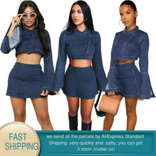 Load image into Gallery viewer, Leisure Two-piece Outdoor Suit Sexy Button Trumpet Sleeves Women&#39;s Sets Zipper Denim Skirt Fashion Women Party Office Dress
