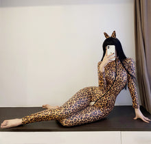 Load image into Gallery viewer, Leopard Print PU Leather Zip Open Crotch Wetlook Catsuit with Headwear Sexy Lingerie Latex Jumpsuits Fetish Wear Cosplay Costume