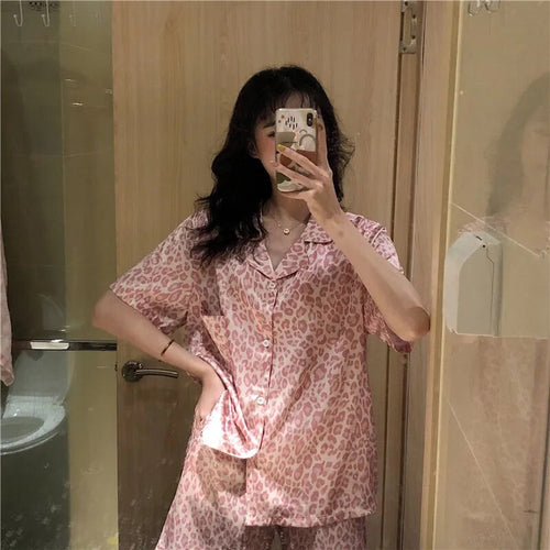 Leopard-Print Pajamas Women'S 2 Piece Set Summer Clothes For Women Silk Short-Sleeved Shorts Thin Satin Home Dress Pantsuits