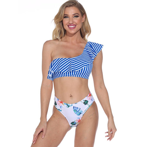 Leopard Swimsuit Push Up Bikini Women's Swimwear Sports Bandeau Beachwear One Shoulder Stripe