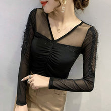 Load image into Gallery viewer, Leopard T-Shirt New 2020 Autumn Long Sleeve Women Tops And Shirt Sexy V-Neck Mesh tshirt Plus Size Hot drilling Female clothing