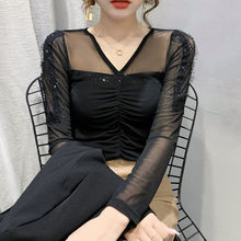 Load image into Gallery viewer, Leopard T-Shirt New 2020 Autumn Long Sleeve Women Tops And Shirt Sexy V-Neck Mesh tshirt Plus Size Hot drilling Female clothing