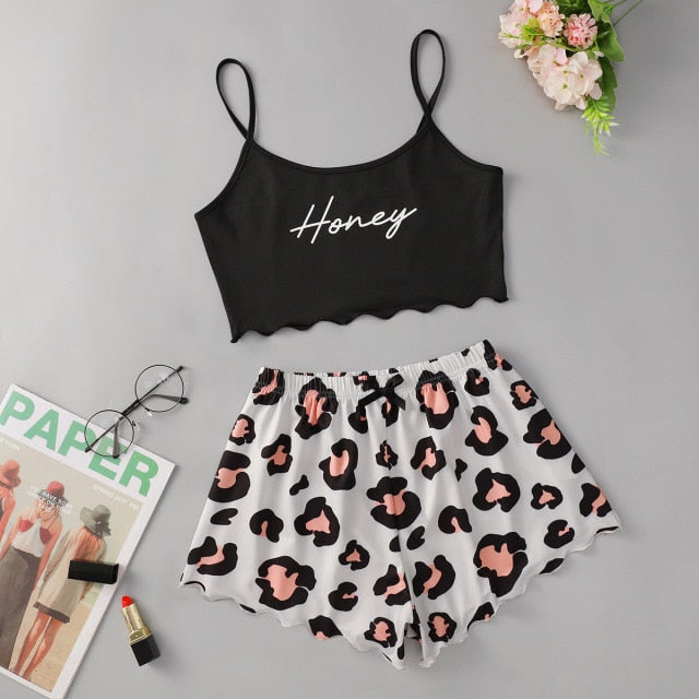 Letter Print Sling Top Leopard Shorts Homewear Set Sleeveless Trim Sexy Pyjamas Lace Pijama Suit Sleepwear Women Sexy Nighties